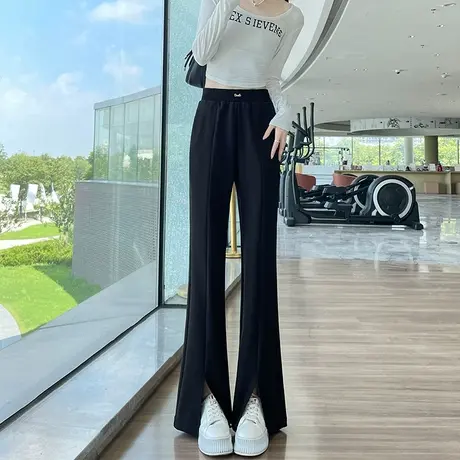 黑色西装喇叭裤女2024春秋新款高腰显瘦垂坠感百搭开叉针织微喇裤图片