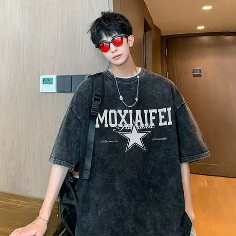 美式复古做旧短袖T恤男夏季宽松设计感小众水洗字母纯棉情侣上衣商品大图
