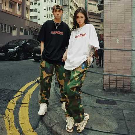 美式街头重磅嘻哈短袖T恤男oversize加肥加大潮牌半截袖情侣夏季图片