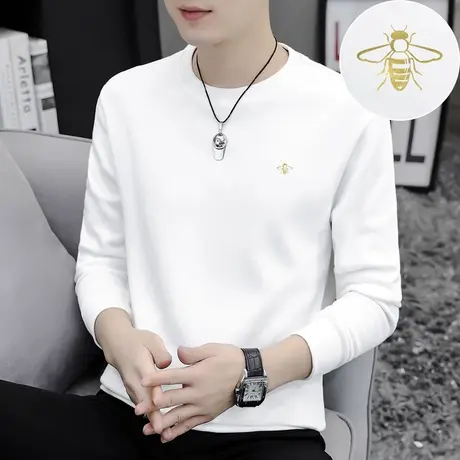 纯棉t恤男长袖加绒加厚秋冬季保暖上衣服内搭打底衫全棉白色秋衣商品大图