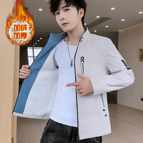 男士外套加绒加厚秋冬季新款韩版修身立领休闲夹克男冬装百搭衣服商品大图