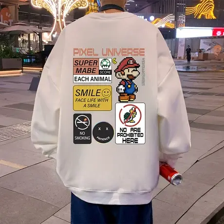 马里奥新款美式潮流宽松圆领卫衣男春秋季加绒加厚外套男生打底衫商品大图