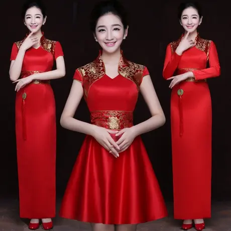 2023新款礼仪旗袍服装颁奖红色可拆袖旗袍长短款酒店迎宾礼仪旗袍商品大图