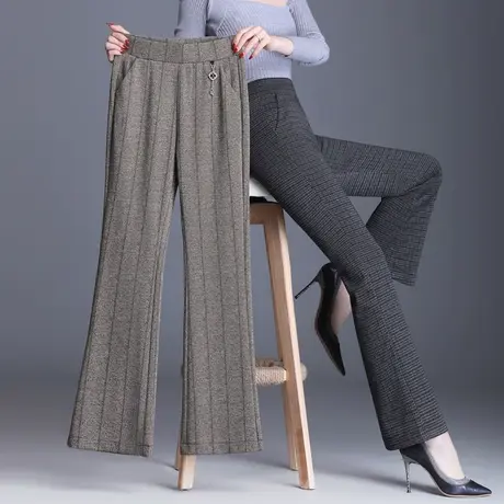 条纹喇叭裤女春秋2023新款高腰垂感微喇裤大码宽松中年妈妈格子裤商品大图