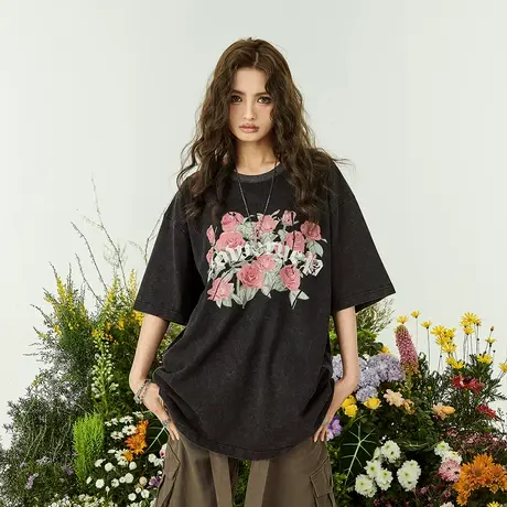 玫瑰脏粉色短袖t恤女2025新款夏季美式潮牌大版oversize情侣上衣图片