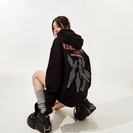 YEP潮牌黑色连帽卫衣女春秋2024年新款复古宽松oversize外套上衣商品大图