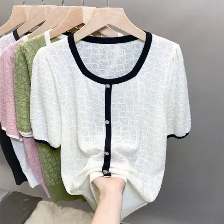 小香风圆领镂空针织衫2023春夏秋新款宽松外穿上衣薄短袖t恤衫潮商品大图