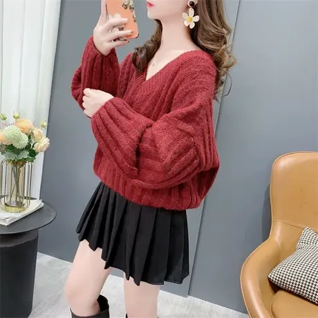 高级感软糯超好看V领毛衣女套头秋冬新款宽松百搭休闲小个子上衣商品大图