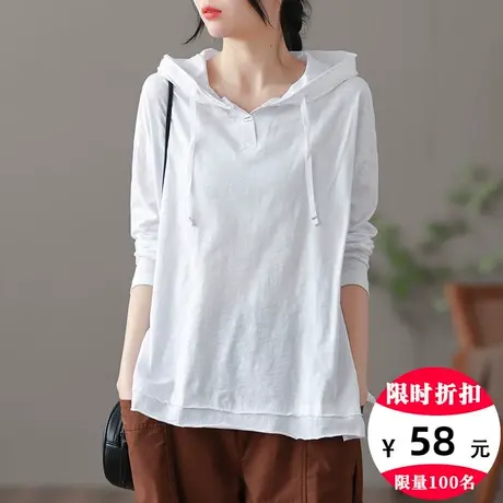 dza复古纯色连帽长袖t恤女士春季新款内搭外穿宽松打底衫短款体恤商品大图