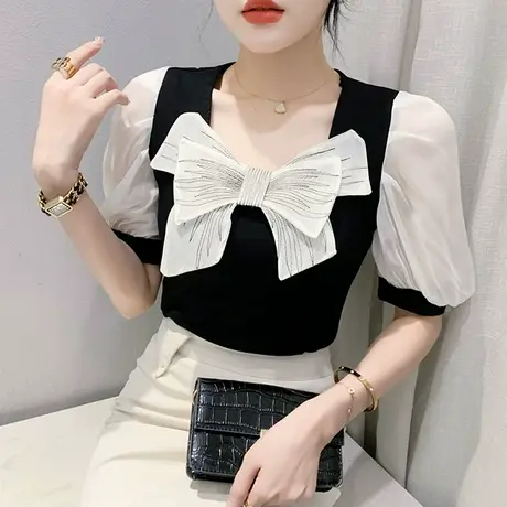 方领蝴蝶结短袖t恤女2024新款气质泡泡袖小衫时尚撞色上衣设计感商品大图
