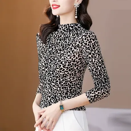 2023秋冬新款加绒网纱打底衫女洋气百搭长袖半高领豹纹印花秋款商品大图