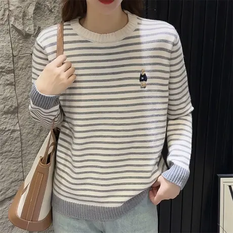 减龄小熊条纹针织毛衣女圆领长袖薄款套头打底衫上衣2024秋冬新款商品大图
