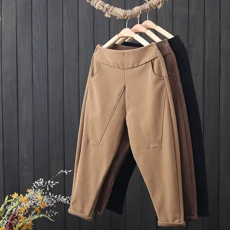 2022冬季新款文艺复古拼接加绒休闲长裤女宽松保暖加厚萝卜哈伦裤商品大图