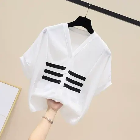 欧洲站v领雪纺衬衫女半袖2023夏季新款宽松百搭条纹开衫薄款上衣商品大图