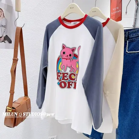 美式复古插肩袖t恤春秋款韩版ins奶甜软糯洋气拼色磨毛长袖上衣图片