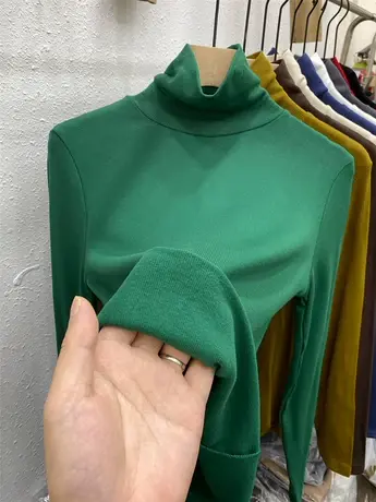 2021秋冬新款纯色百搭高领加薄绒螺纹t恤女显瘦内搭打底衫上衣厚商品大图