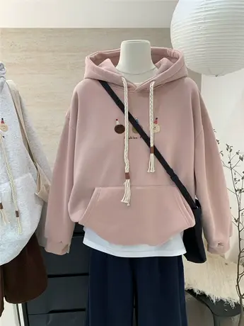 减龄卡通贴布图案加绒连帽卫衣女秋冬款韩系百搭宽松套头上衣外套商品大图