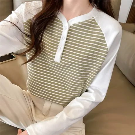 撞色条纹长袖t恤女秋冬韩版修身加绒加厚小个子设计感小众打底衫商品大图