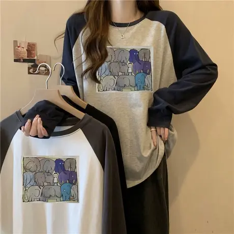 秋冬内搭德绒保暖打底衫女韩版宽松撞色插肩长袖T恤加绒加厚上衣图片