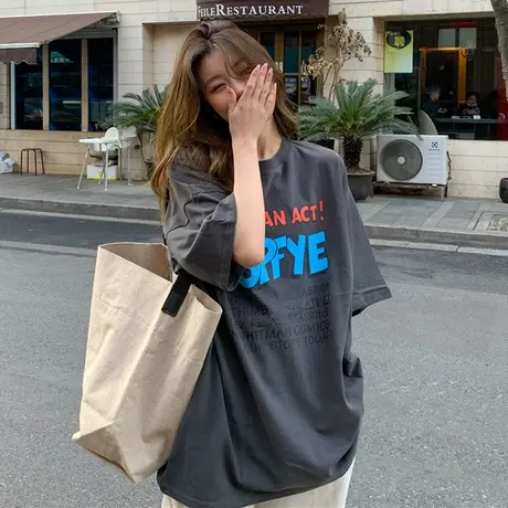 半袖少女感嘻哈上衣ins潮超火cec大码纯棉oversize短袖t恤女宽松商品大图