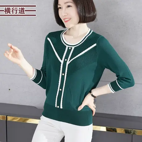 针织T恤女圆领拼色中袖2024新款春季 大码宽松中年妈妈上衣七分袖商品大图