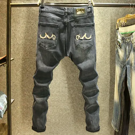 秋冬季休闲牛仔裤男士新款潮流修身小脚弹力裤子潮牌刺绣时尚男裤商品大图