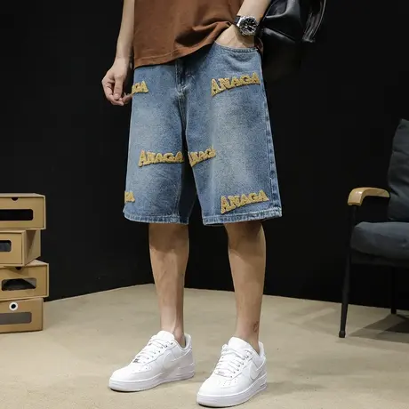 刺绣牛仔短裤男夏季潮牌2024新款宽松大码男装5分裤子男士五分裤商品大图