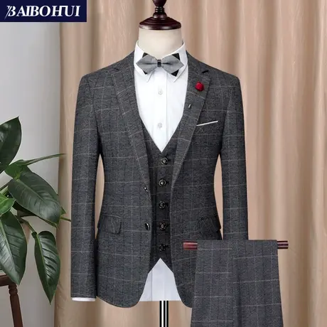 西服套装男三件套韩版修身型新郎结婚礼服复古格子小西装职业正装图片