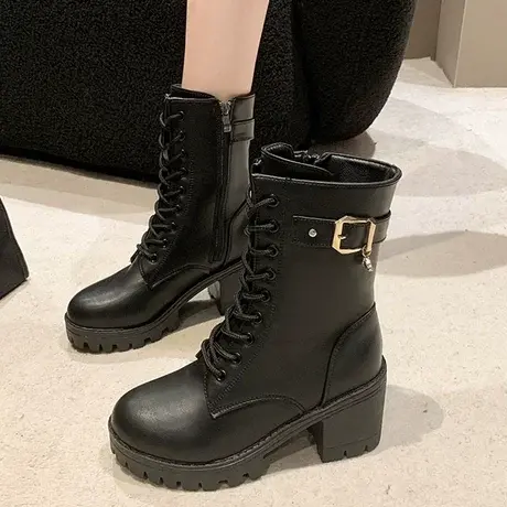 短靴女秋冬季女靴中筒靴子女高跟粗跟高筒靴加绒棉靴长靴马丁靴女图片