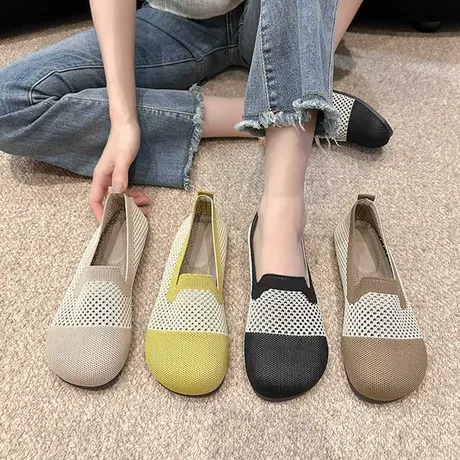 针织透气踩屎感软底单鞋女舒适拼色老北京布鞋工作鞋大头豆豆鞋女商品大图