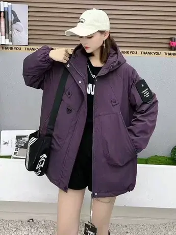 新款加厚冲锋衣羽绒服防风连帽保暖外套休闲潮流斜拉链大口袋女潮商品大图