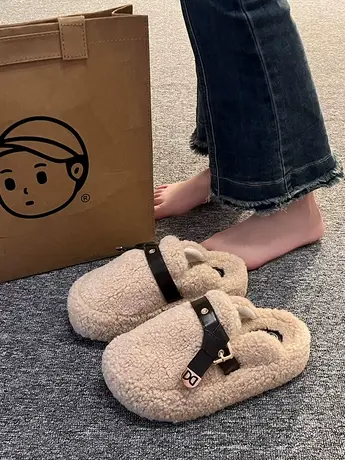 小众设计皮带扣包头半拖鞋女外穿2023新款秋冬加绒厚底网红毛毛鞋商品大图