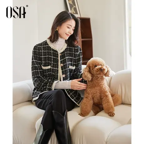 OSA欧莎休闲流行短款小个子粗花呢千鸟格外套女秋冬季2023年新款商品大图