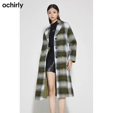【品牌甄选】欧时力羊毛呢格子大衣新冬复古时尚驳领长款外套商品大图