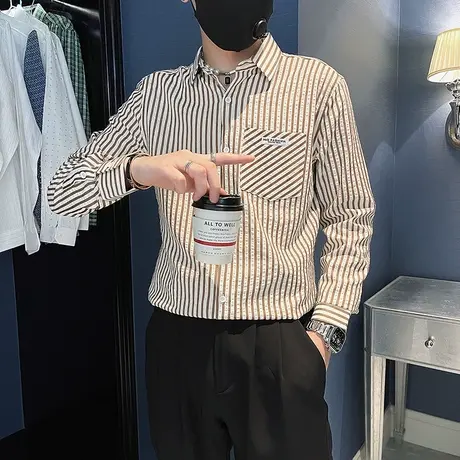 2023秋季条纹衬衫长袖男韩版拼接设计感韩版休闲打底衬衣修身上衣图片