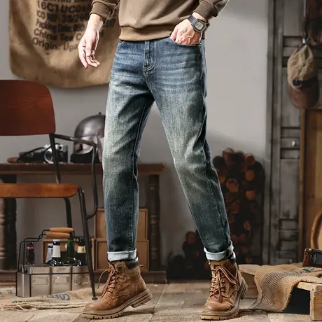 高端品质美式复古牛仔裤男秋冬款修身小直筒长裤男士潮牌休闲裤子商品大图