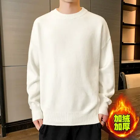 男士毛衣春秋季纯黑白色宽松加绒加厚圆领针织衫韩版休闲百搭打底商品大图