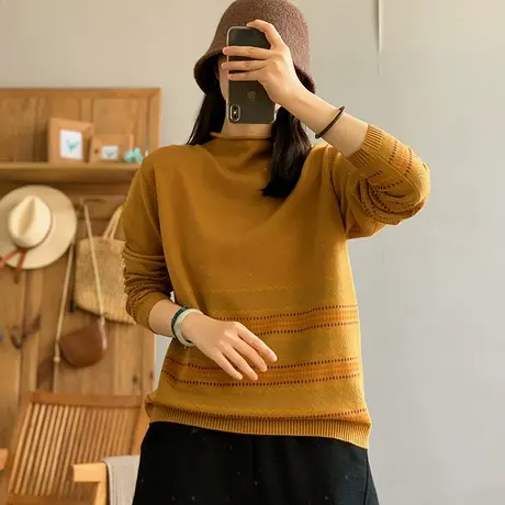 dza 复古半高圆领针织打底衫女秋冬内搭显瘦上衣宽松套头长袖毛衣图片