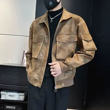 春秋款做旧高级感皮衣外套男潮流痞帅个性青年短款休闲机车皮夹克商品大图