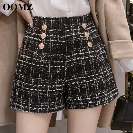 2023秋冬季新款高腰显瘦小香风格子毛呢阔腿短裤女a字休闲裤外穿图片