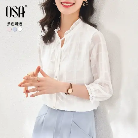 OSA欧莎白色法式泡泡袖衬衫女春装2022新款雪纺格子衬衣薄款上衣商品大图