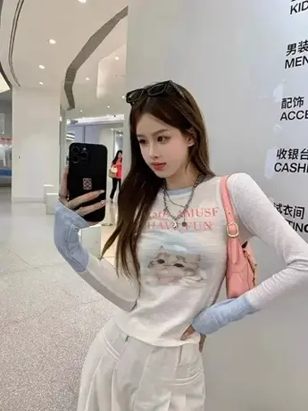 甜辣猫咪印花长袖T恤女秋季小众设计感拼接修身短款打底衫上衣潮商品大图