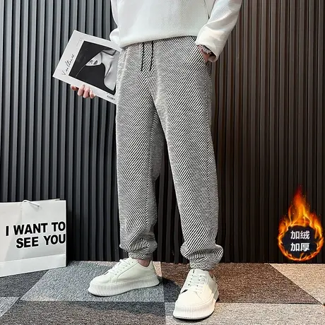 冬季男裤设计感ins韩版宽松加厚束脚条纹休闲裤潮牌哈伦运动卫裤图片