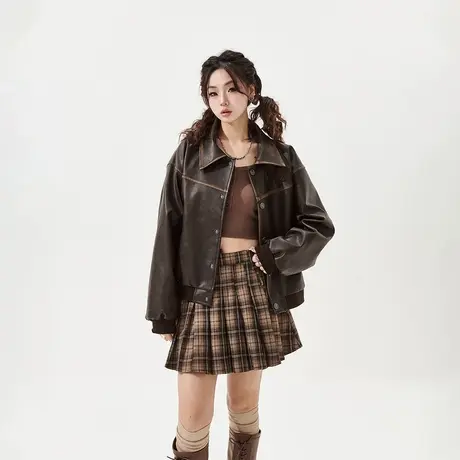 YEP复古美拉德穿搭短款擦色皮衣外套女2025春季新款PU皮夹克上衣图片