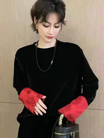 早春新款丝绒拼接撞色宽松圆领上衣新中式气质百搭高级感衬衫女潮图片