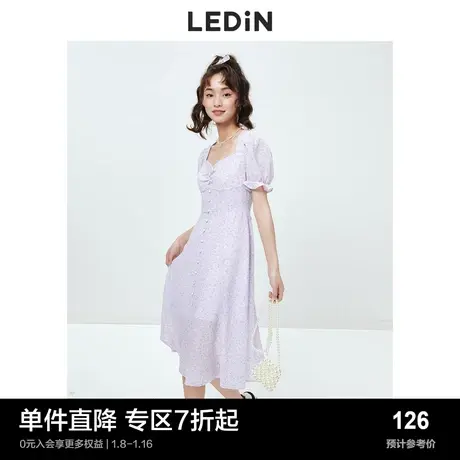 乐町气质碎花连衣裙春夏女装仙淡紫色收腰长款雪纺裙子图片
