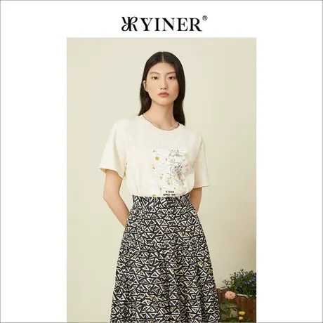 YINER音儿女装2022夏季宽松设计感印花短袖棉t恤潮商品大图