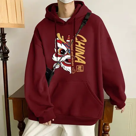 卫衣男春秋季新款纯棉连帽外套ins潮流醒狮印花帽衫港风国潮宽松图片