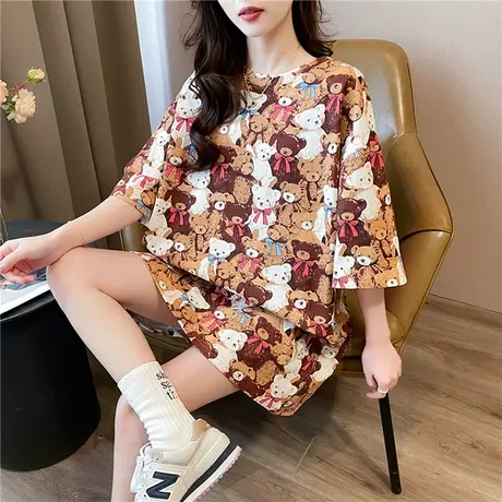 T恤女短袖2024新款夏装中长款小熊韩版宽松欧货上衣服半袖体恤商品大图