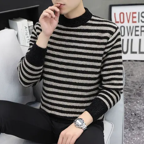 雪尼尔毛衣男不起球半高领条纹针织打底衫休闲百搭春秋加厚毛线衣商品大图